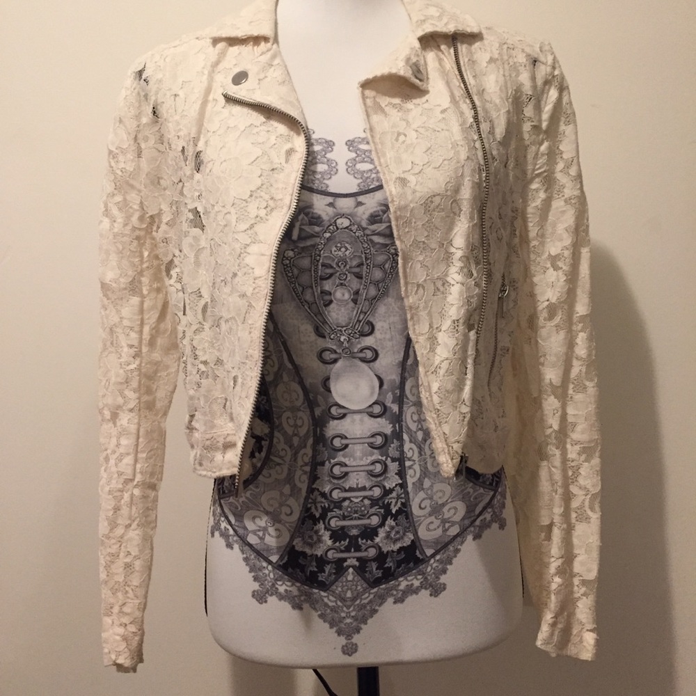 H&M White Lace Cropped Bomber Jacket